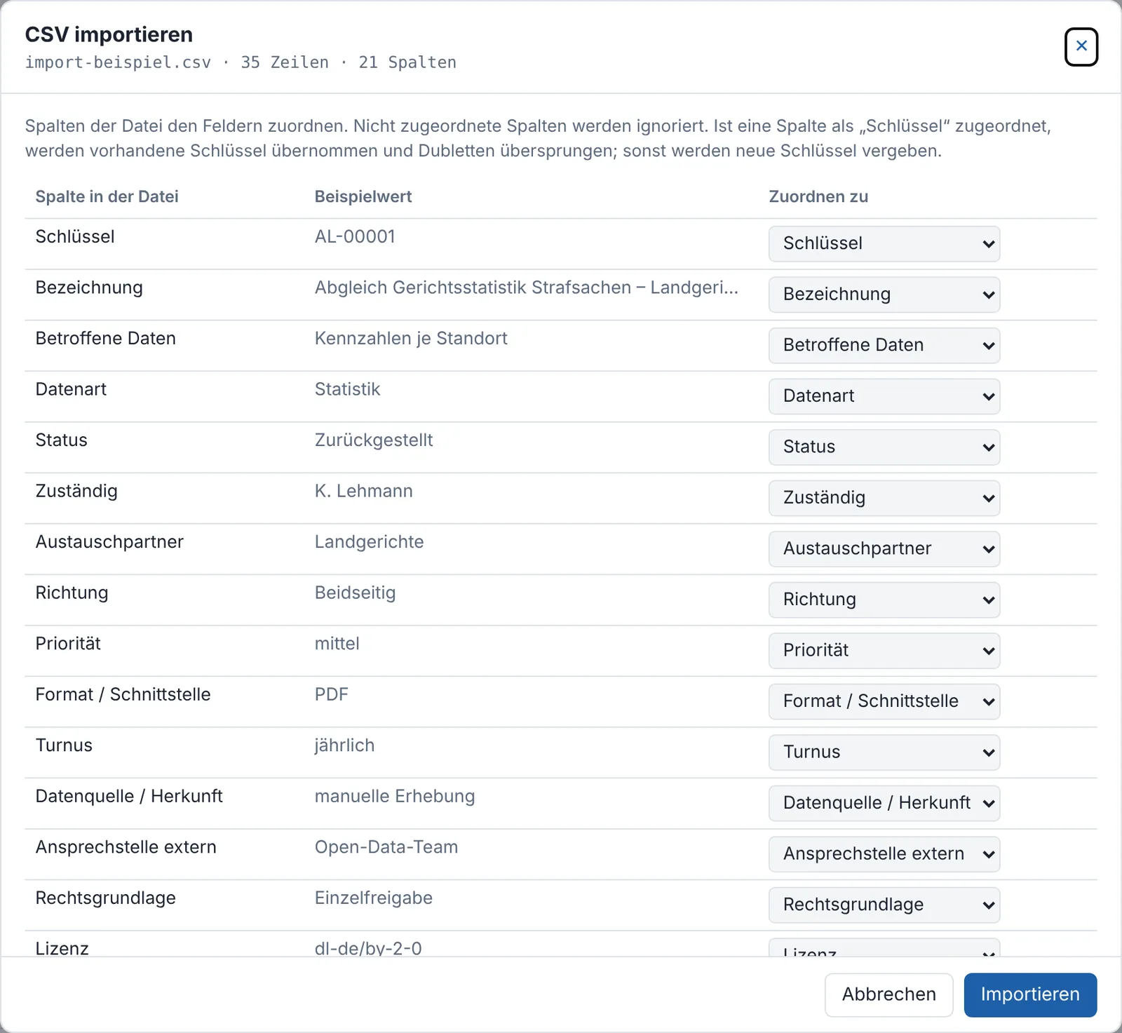 Import-Dialog mit Vorschau der CSV-Datei und automatischer Zuordnung der Spalten zu den Feldern