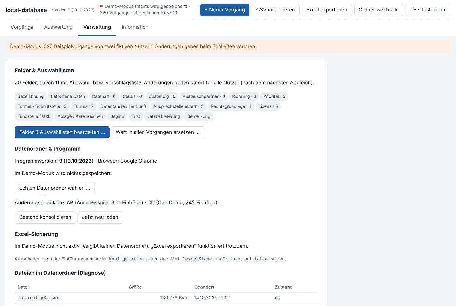 Tab „Verwaltung“ mit Felderübersicht, Bestand konsolidieren, Excel-Sicherung und Dateidiagnose