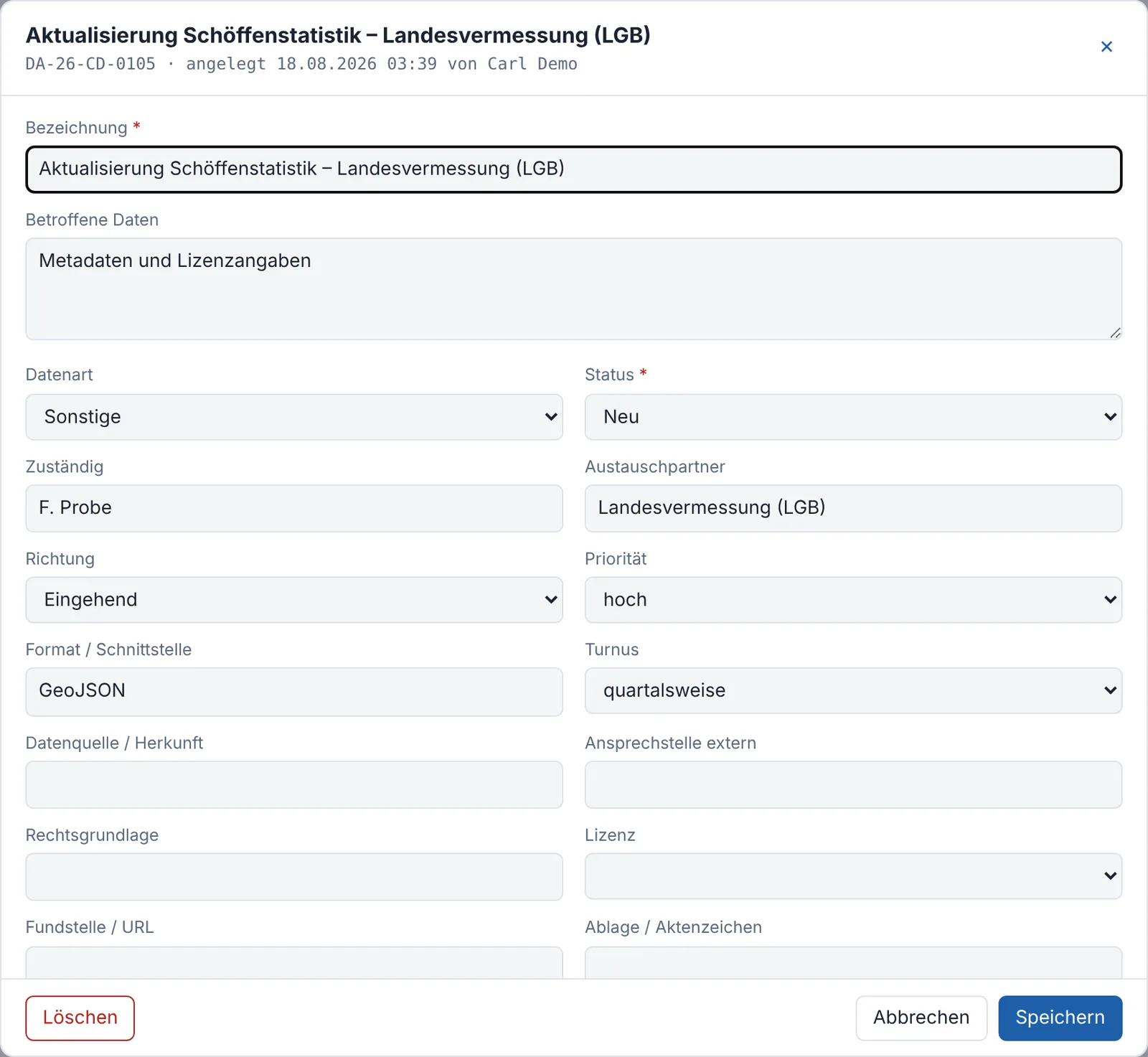 Formular „Vorgang bearbeiten“ mit Schlüssel, Feldern und Verlauf der Änderungen