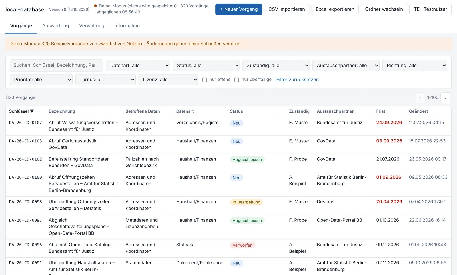 Vorgangsliste von local-database mit Suchfeld, Filtern und farbigen Statusangaben